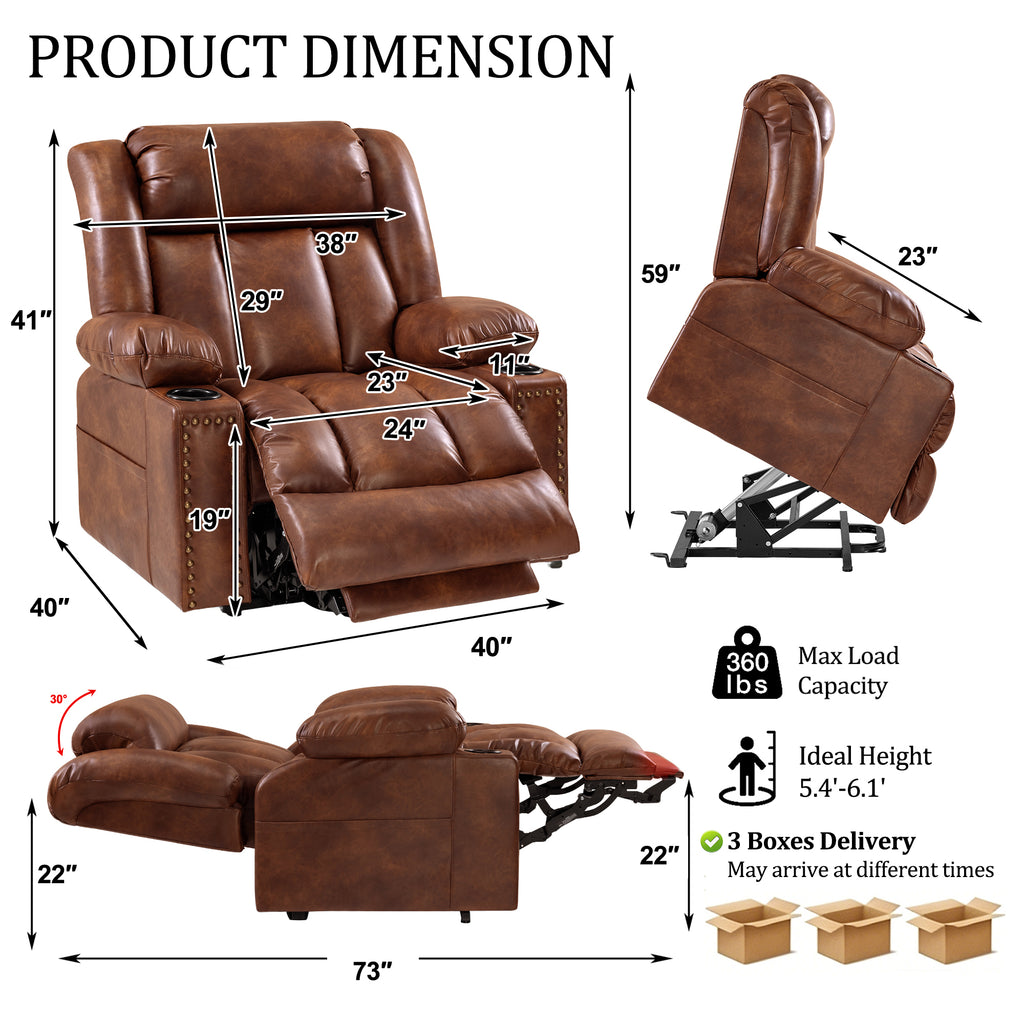 Triple Motor Power Lift Recliner Chair for Elderly with Heat & Vibration Massage,Extended Footrest,USB-A & USB-C Ports,Faux Leather,Light Brown