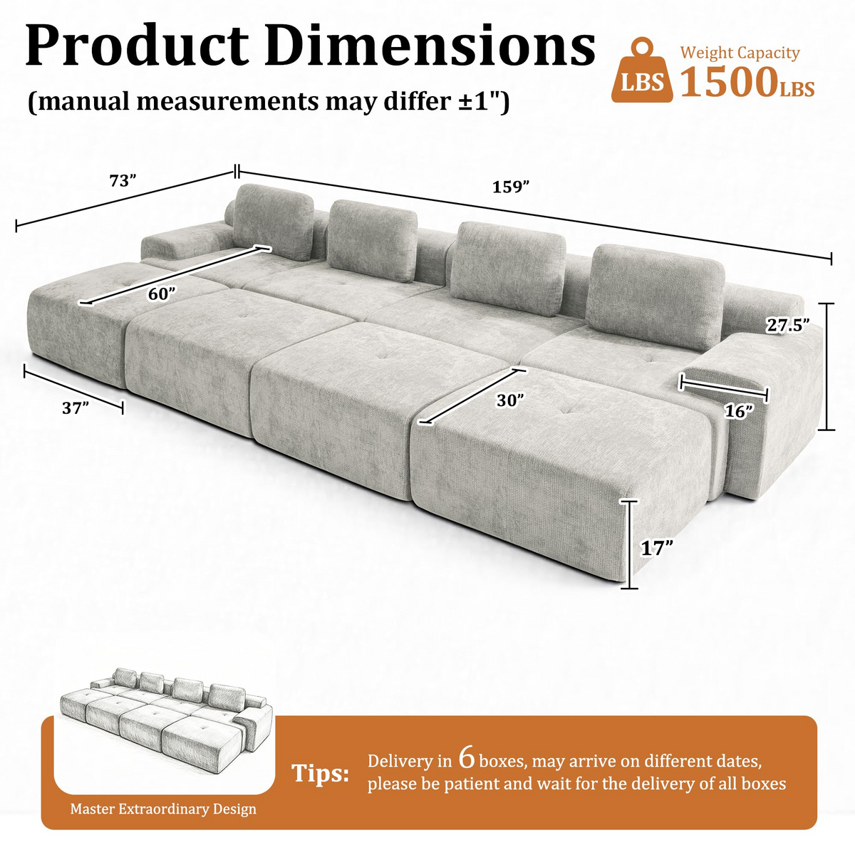 196" Modular Sectional Sofa,Cloud Couch with Extra Deep Seat & High Back,No Assembly,Soft Chenille Fabric,Memory Foam Couch for Living Room ,L shaped(5+1),Light Gray