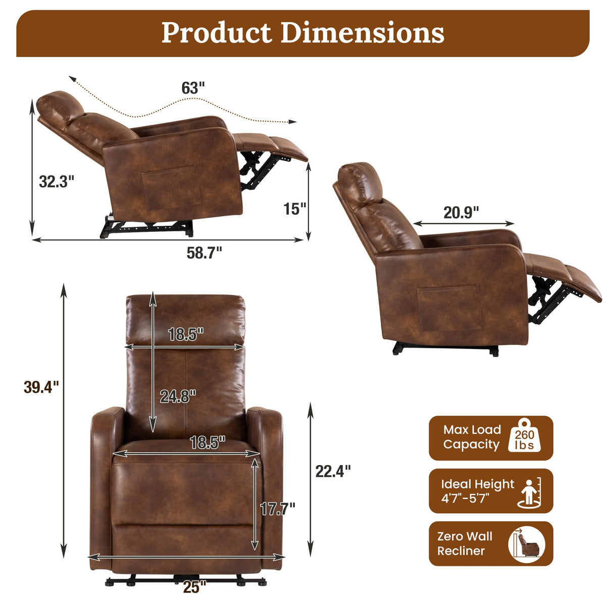 Zero Wall Power Recliner Chair for Small Spaces, Compact Recliner for Adults, Petite Recliner for Living Room, Faux Leather Reclining Chair with Remote Control and Side Pockets, Light Brown