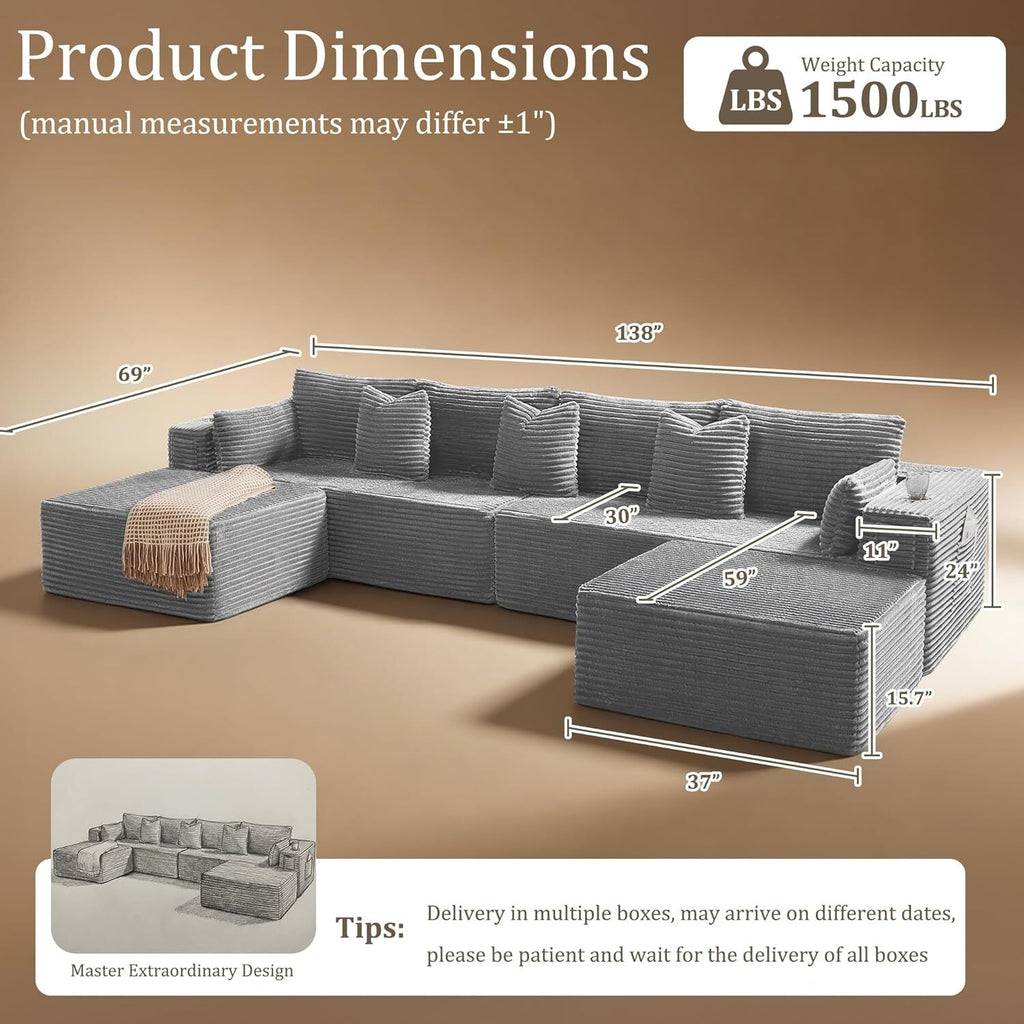 138"Modular Cloud Sectional Sofa with Chaise,Extra Deep Seat Corduroy Couch,Memory Foam,No Assembly,Living Room & Apartment,Light Gray