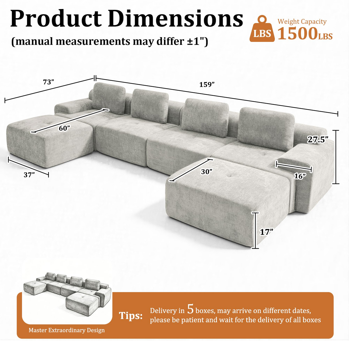 159" Modular Sectional Sofa,Cloud Couch with Extra Deep Seat & High Back,No Assembly,Soft Chenille Fabric,Memory Foam Couch for Living Room ,U shaped(4+2),Light Gray