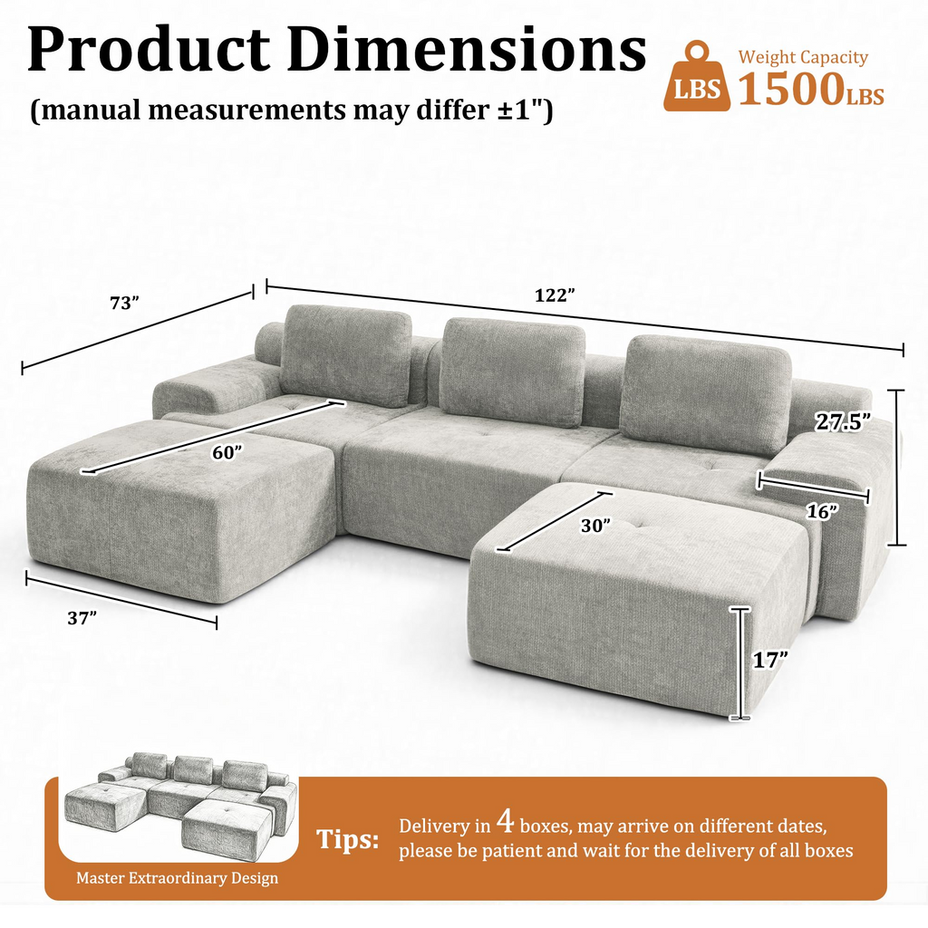 122" Modular Sectional Sofa,Cloud Couch with Extra Deep Seat & High Back,No Assembly,Soft Chenille Fabric,Memory Foam Couch for Living Room ,U shaped(3+2),Light Gray