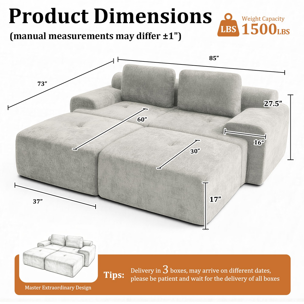 85" Modular Sectional Sofa,Cloud Couch with Extra Deep Seat & High Back,No Assembly,Soft Chenille Fabric,Memory Foam Couch for Living Room ,(2+2),Light Gray