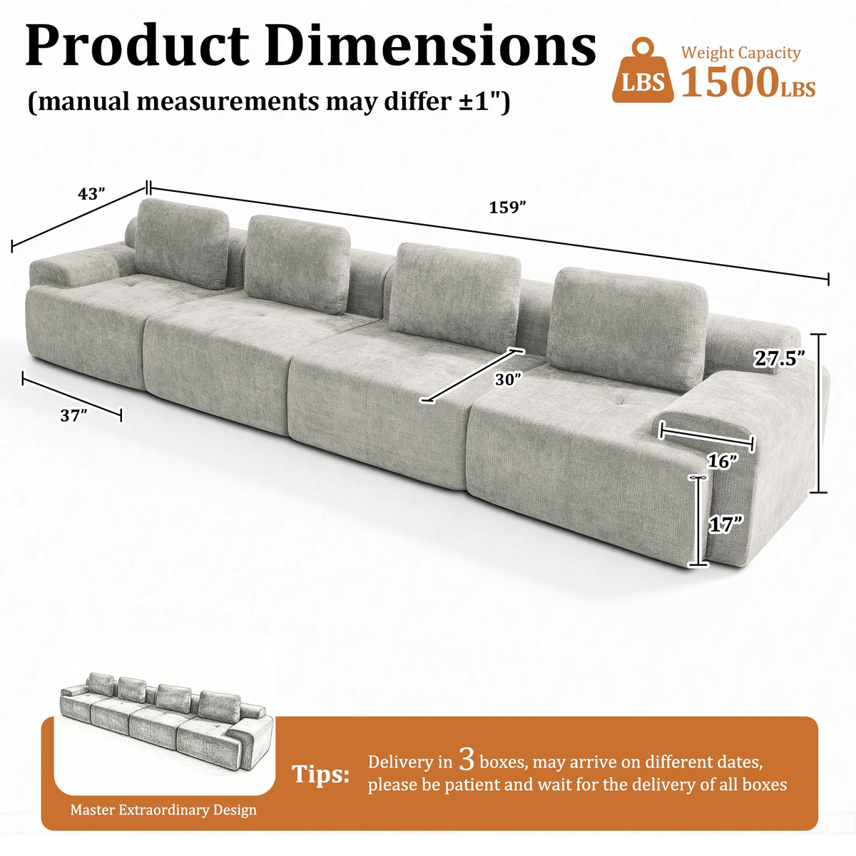 159" Modular Sectional Sofa,Cloud Couch with Extra Deep Seat & High Back,No Assembly,Soft Chenille Fabric,Memory Foam Couch for Living Room ,(4+0),Light Gray