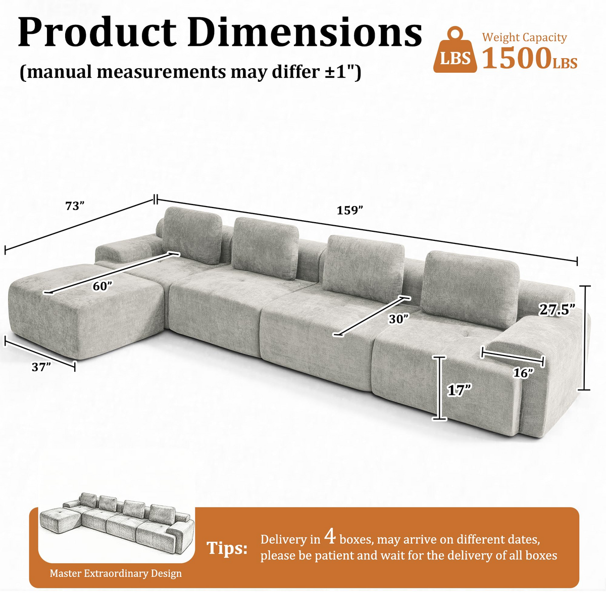 159" Modular Sectional Sofa,Cloud Couch with Extra Deep Seat & High Back,No Assembly,Soft Chenille Fabric,Memory Foam Couch for Living Room ,L shaped(4+1),Light Gray