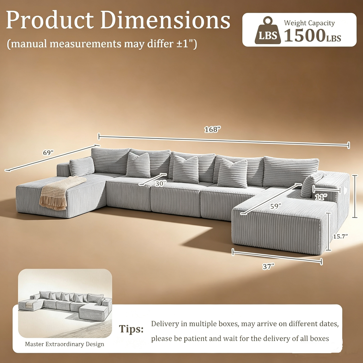 168"Modular Cloud Sectional Sofa with Chaise,Extra Deep Seat Corduroy Couch,Memory Foam,No Assembly,Living Room & Apartment,Light Gray