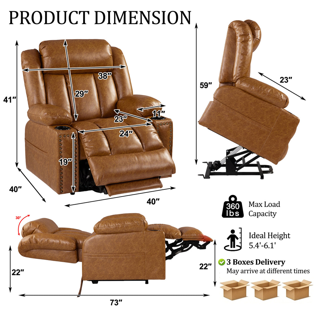 Triple Motor Power Lift Recliner Chair for Elderly with Heat & Vibration Massage,Extended Footrest,USB-A & USB-C Ports,Faux Leather,Caramel