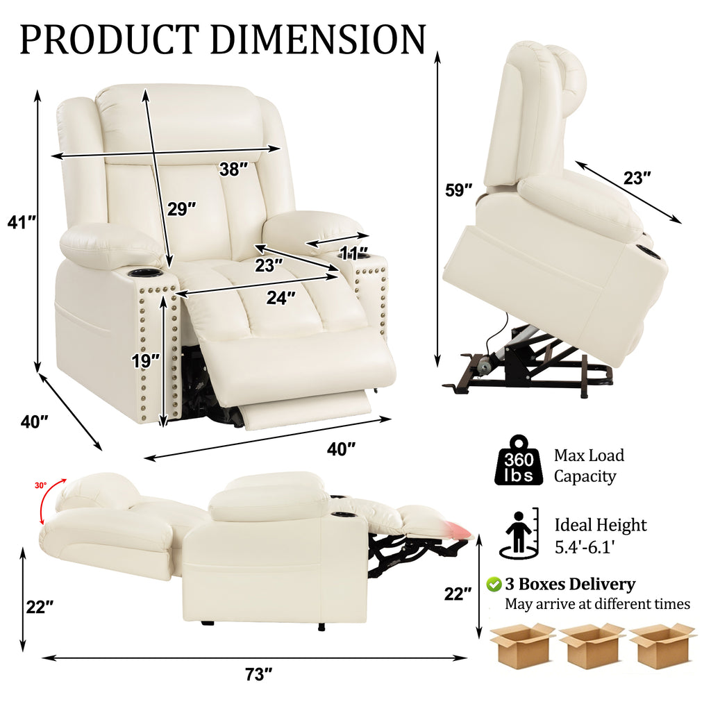 Triple Motor Power Lift Recliner Chair for Elderly with Heat & Vibration Massage,Extended Footrest,USB-A & USB-C Ports,Faux Leather,Beige