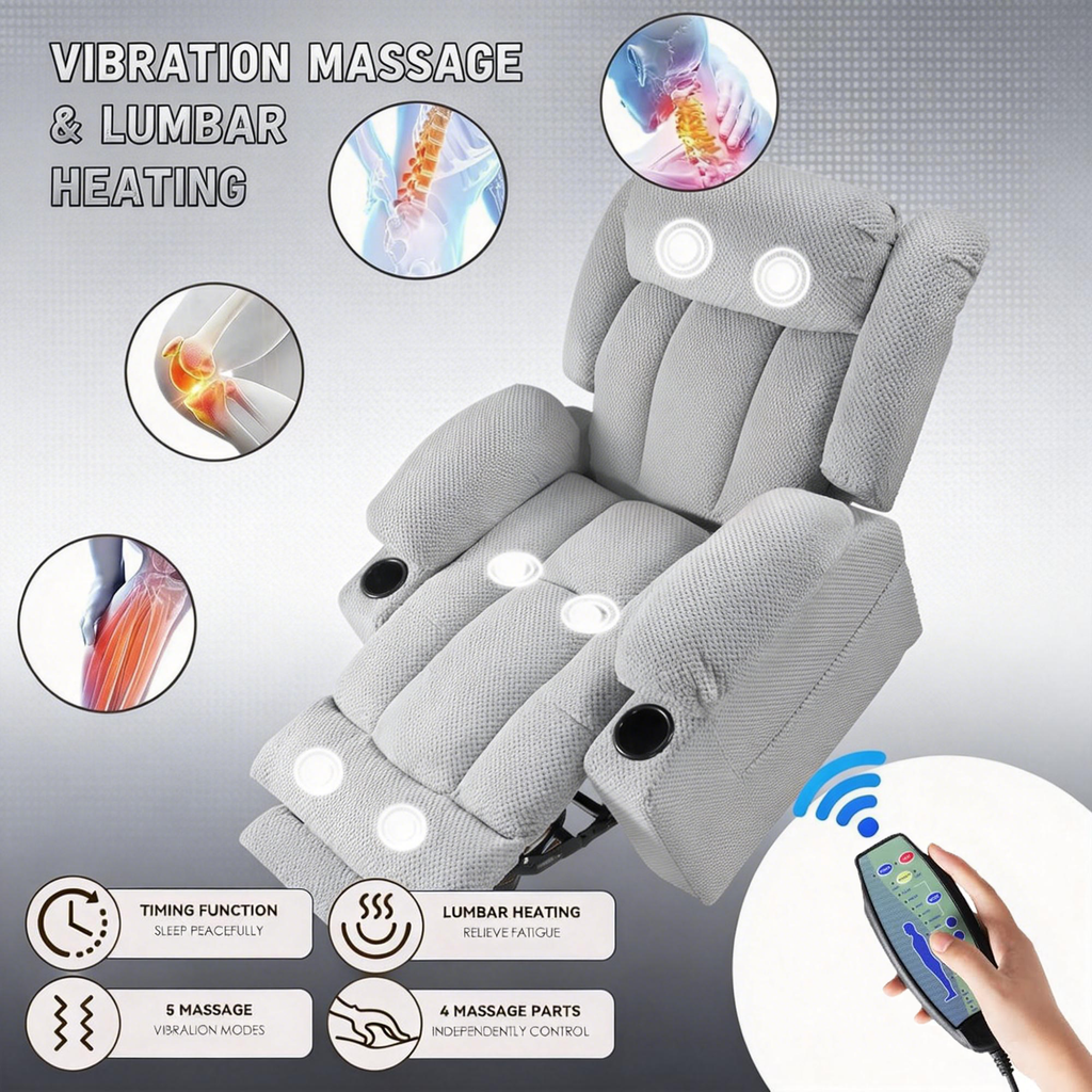 Power Lift Recliner Chair for Elderly with Heat and Vibration Massage, Large Wide Electric Lift Chair with Extended Footrest, Plush Flannel Recliner with 2 Cup Holders and Side Pockets, Light Grey
