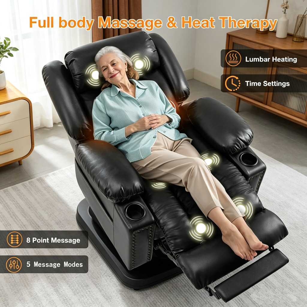 Triple Motor Power Lift Recliner Chair for Elderly with Heat & Vibration Massage,Extended Footrest,USB-A & USB-C Ports,Faux Leather,Black