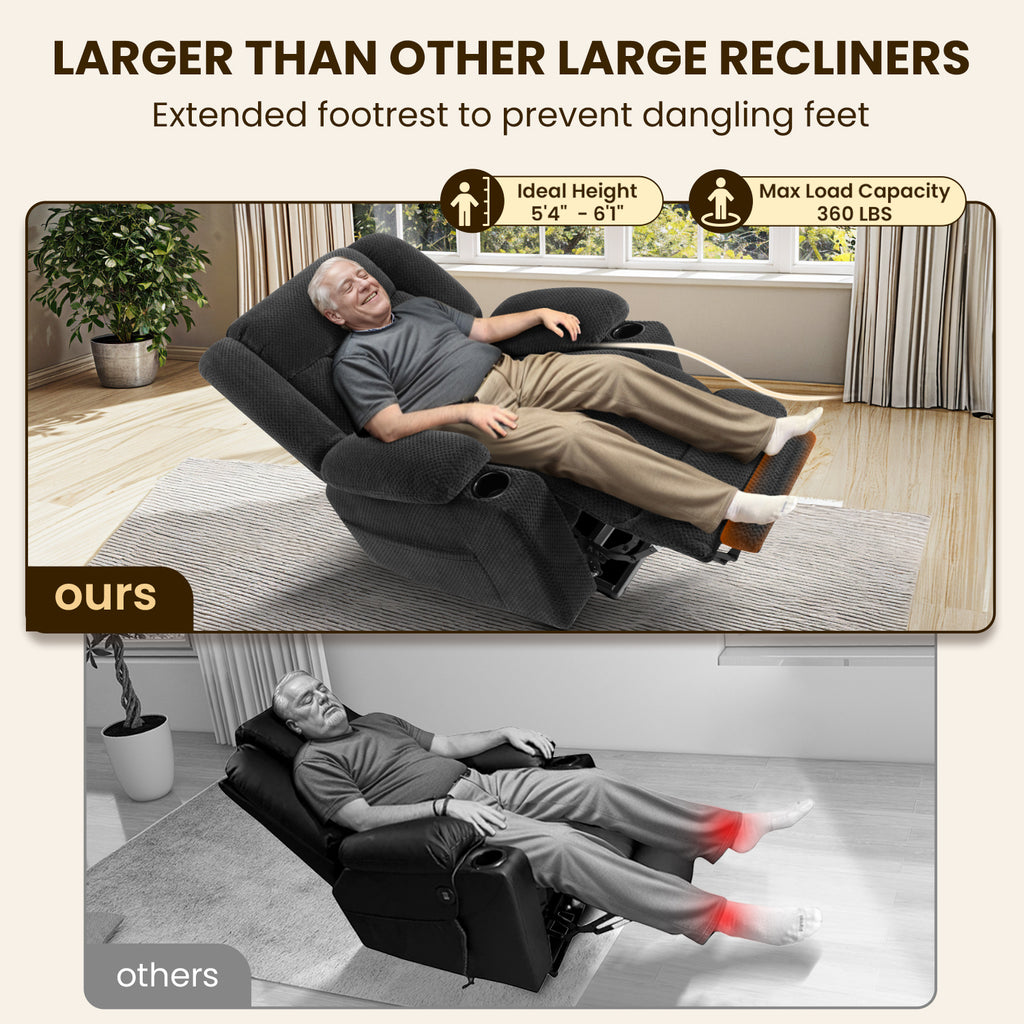 Power Lift Recliner Chair for Elderly with Heat and Massage, Large Wide Electric Lift Chair with Extended Footrest, Plush Flannel Recliner with 2 Cup Holders and Side Pockets, Gray