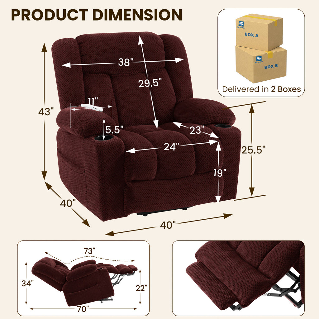 Power Lift Recliner Chair for Elderly with Heat & Massage, Large Wide Heavy Duty Electric Lift Chair with Extended Footrest, Plush Flannel Recliner with Cup Holders and Side Pockets, Red