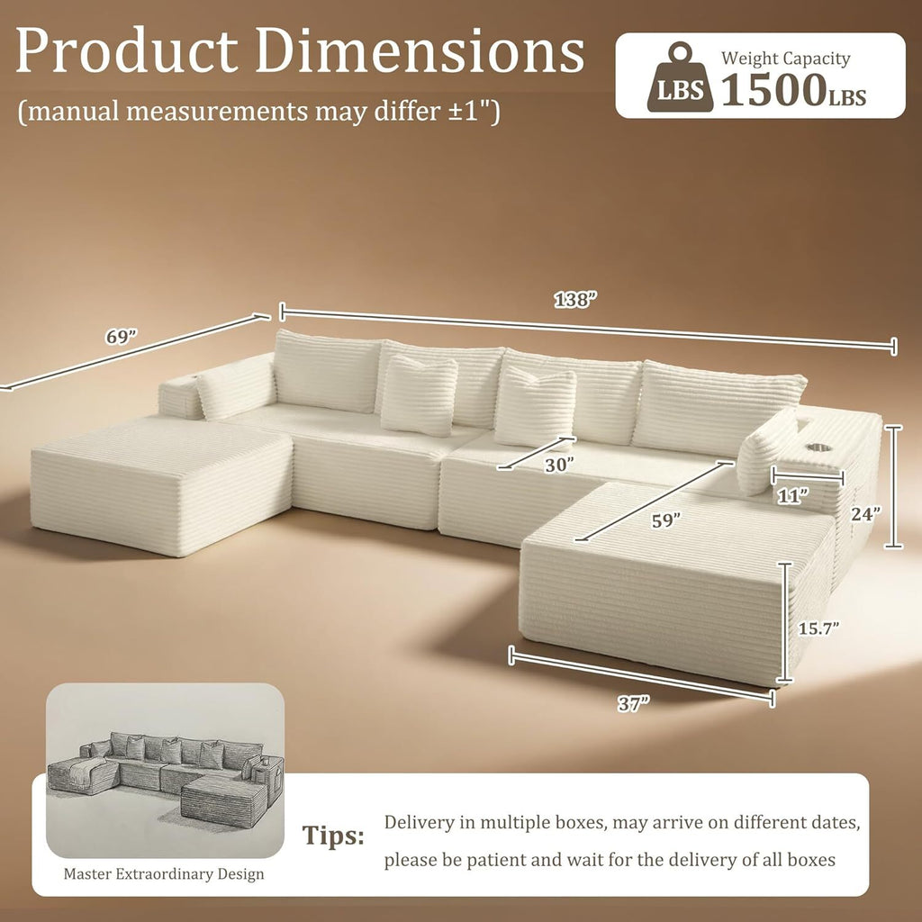 138"Modular Cloud Sectional Sofa with Chaise,Extra Deep Seat Corduroy Couch,Memory Foam,No Assembly,Living Room & Apartment,Beige