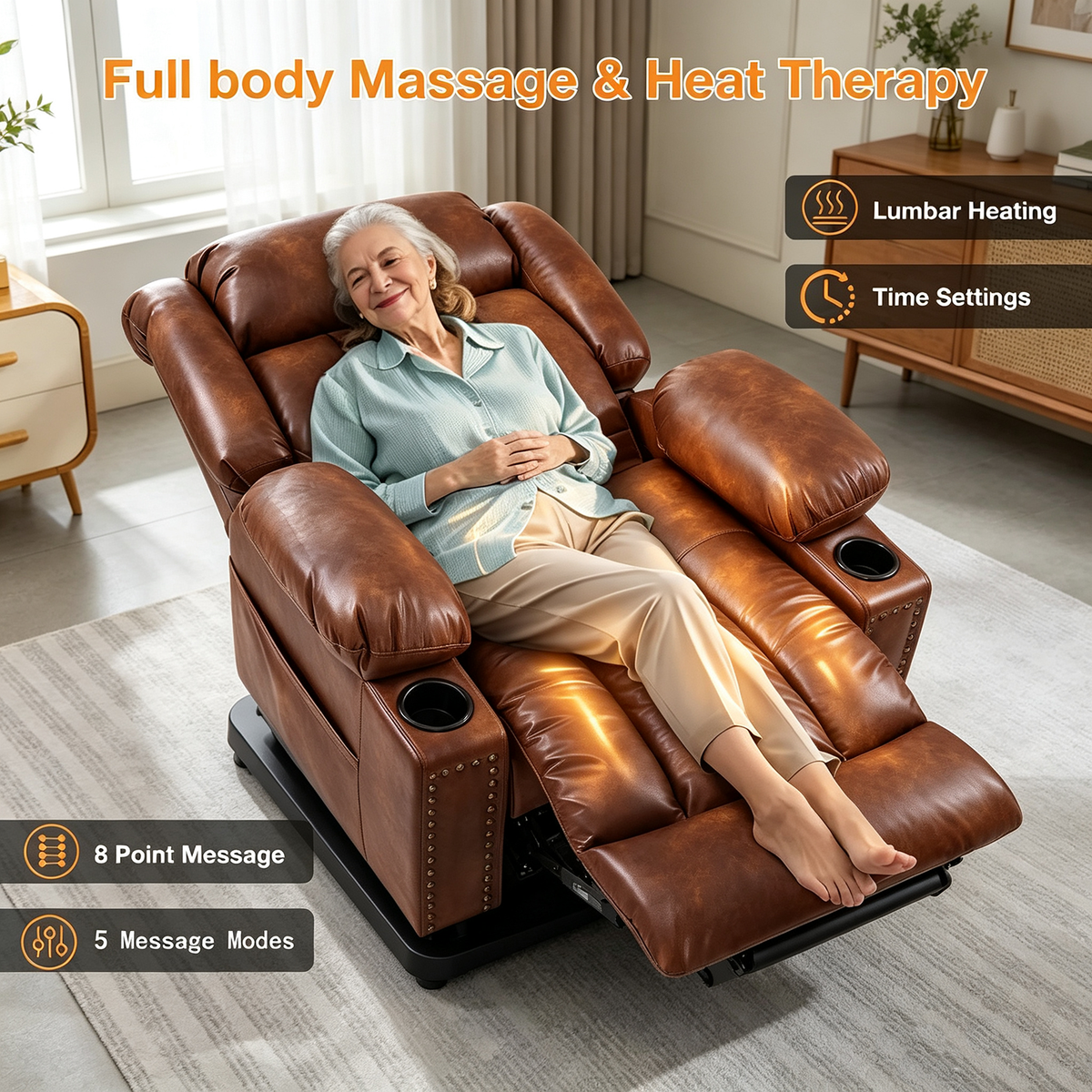 Triple Motor Power Lift Recliner Chair for Elderly with Heat & Vibration Massage,Extended Footrest,USB-A & USB-C Ports,Faux Leather,Light Brown