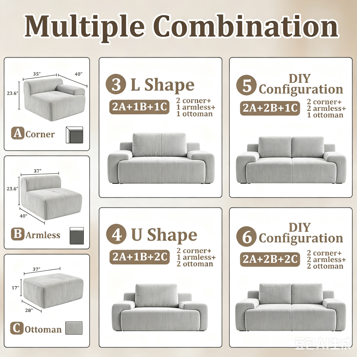 122" Modular Sectional Sofa,Cloud Couch with Extra Deep Seat & High Back,No Assembly,Soft Chenille Fabric,Memory Foam Couch for Living Room ,U shaped(3+2),Light Gray