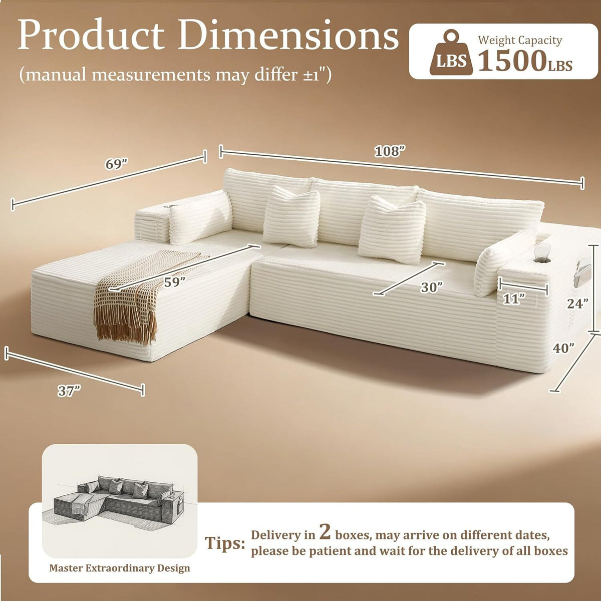 138"Modular Cloud Sectional Sofa with Chaise,Extra Deep Seat Corduroy Couch,Memory Foam,No Assembly,Living Room & Apartment,Beige