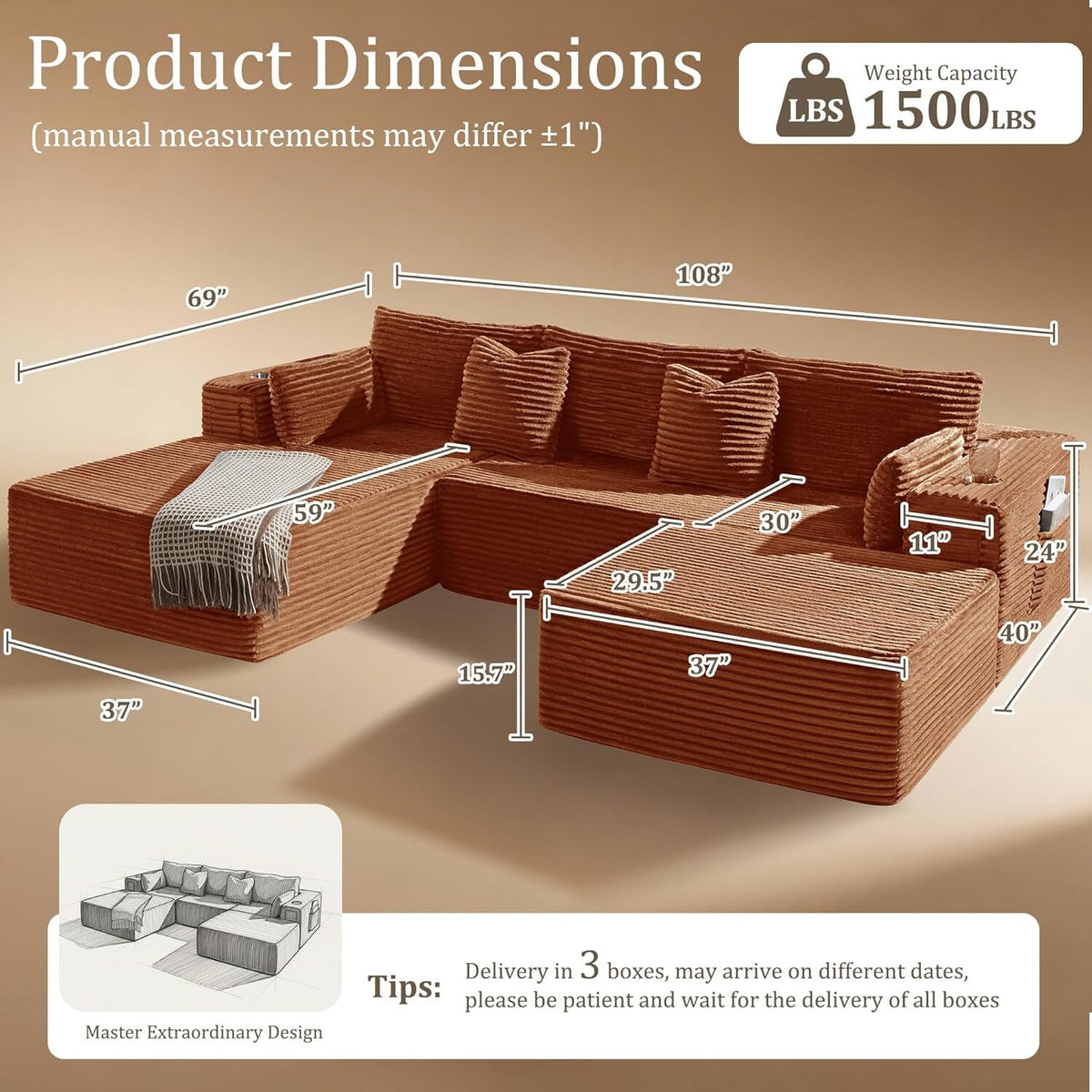 108"Modular Cloud Sectional Sofa with Chaise,Extra Deep Seat Corduroy Couch,Memory Foam,No Assembly,Living Room & Apartment,Orange
