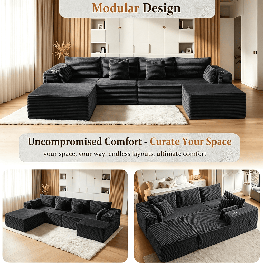 108"Modular Cloud Sectional Sofa with Chaise,Extra Deep Seat Corduroy Couch,Memory Foam,No Assembly,Living Room & Apartment,Dark Gray