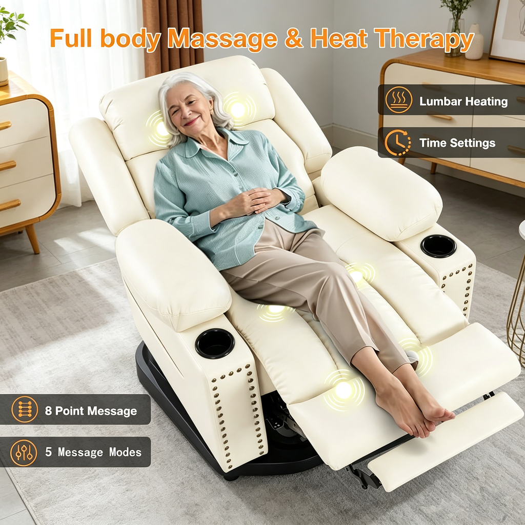 Triple Motor Power Lift Recliner Chair for Elderly with Heat & Vibration Massage,Extended Footrest,USB-A & USB-C Ports,Faux Leather,Beige