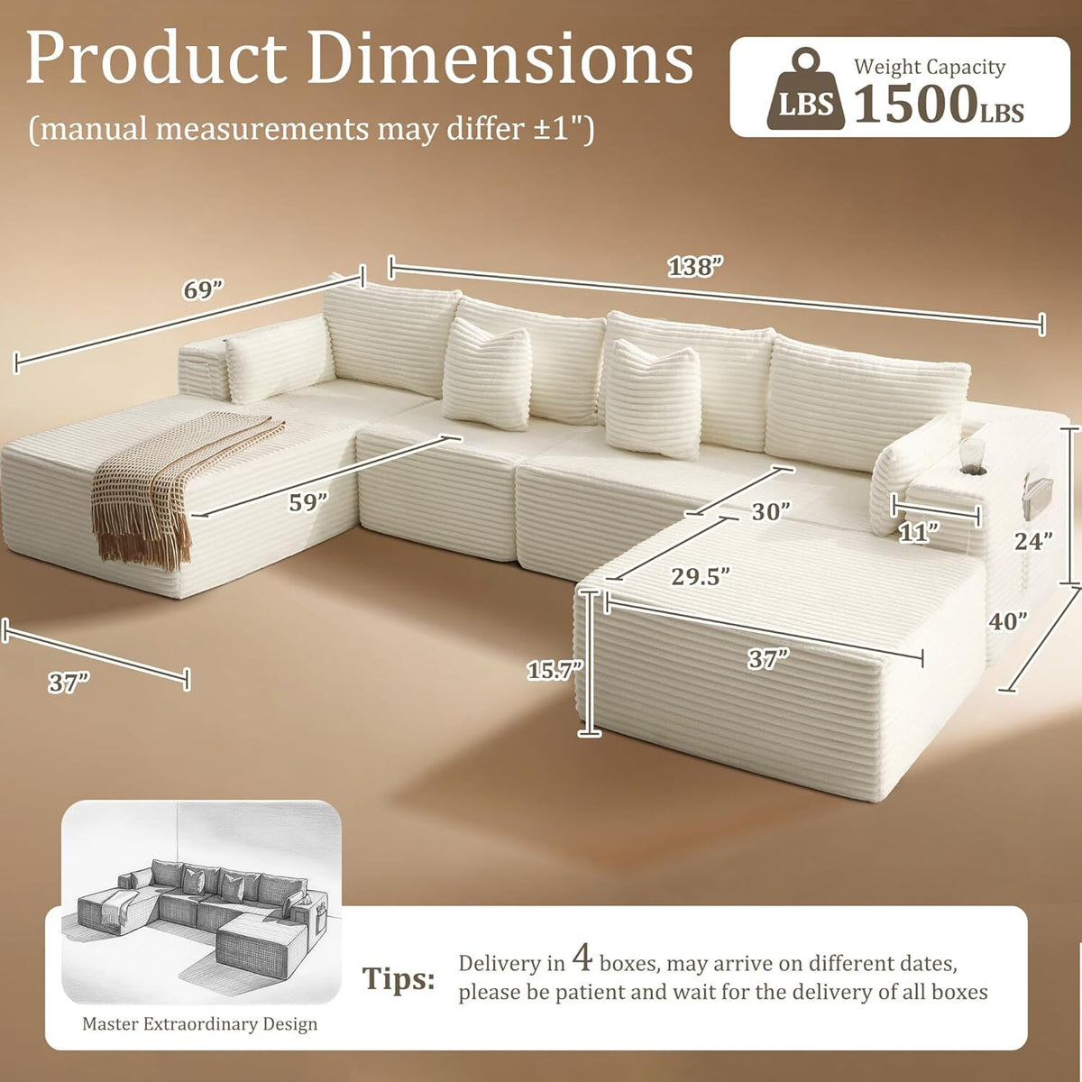 138"Modular Cloud Sectional Sofa with Chaise,Extra Deep Seat Corduroy Couch,Memory Foam,No Assembly,Living Room & Apartment,Beige