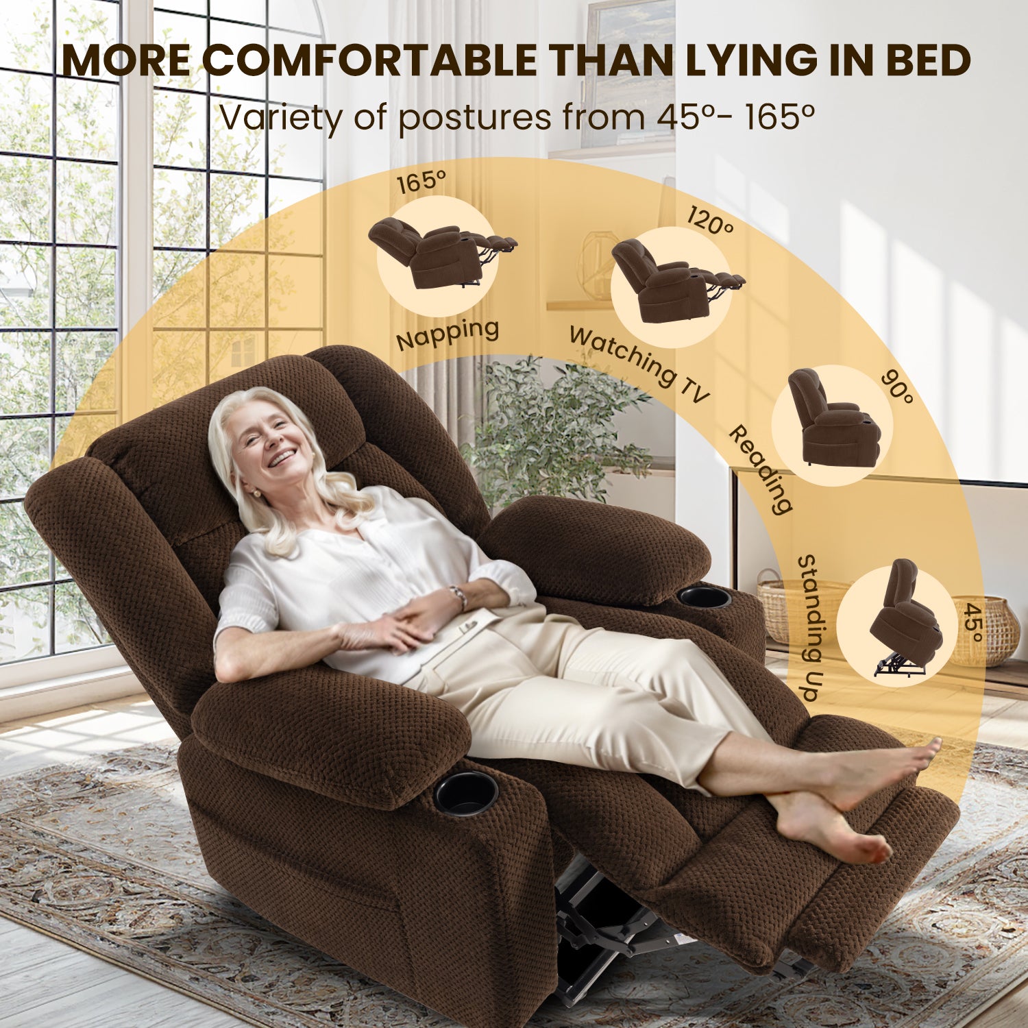 Power Lift Recliner Chair for Elderly with Heating & Vibration Massage, Large Wide Heavy Duty Extended Footrest for Big & Tall, 2 Cup Holders & Side Pockets Plush Flannel,Dark Brown