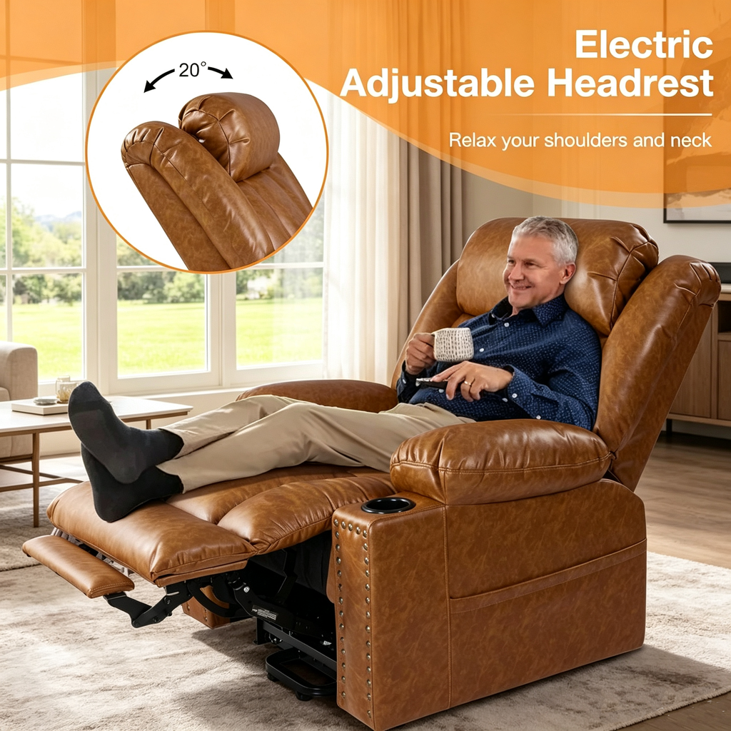 Triple Motor Power Lift Recliner Chair for Elderly with Heat & Vibration Massage,Extended Footrest,USB-A & USB-C Ports,Faux Leather,Caramel