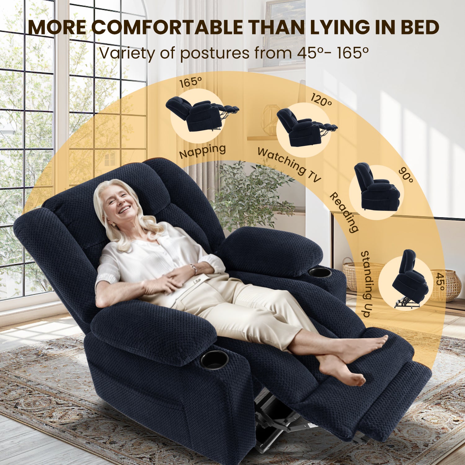 Power Lift Recliner Chair for Elderly with Heating & Vibration Massage, Large Wide Heavy Duty Extended Footrest for Big & Tall, 2 Cup Holders & Side Pockets Plush Flannel,Blue