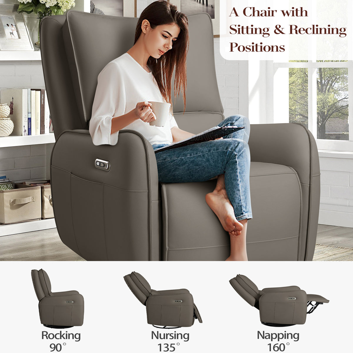Power Recliner Gliders for Nursery, Electric Swivel Rocker Recliner Chair, Comfy Upholstered Living Room Reclining Rocking Chairs with Lumbar Support