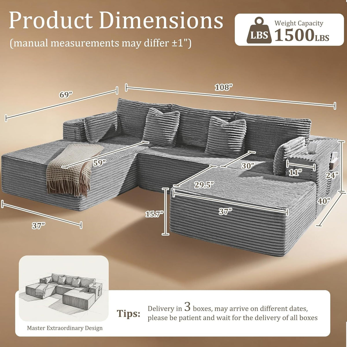 108"Modular Cloud Sectional Sofa with Chaise,Extra Deep Seat Corduroy Couch,Memory Foam,No Assembly,Living Room & Apartment,Light Gray