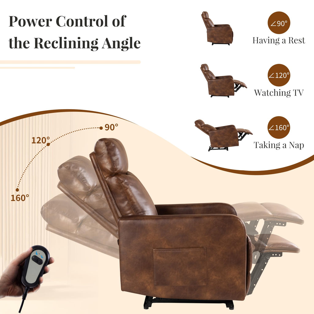 Zero Wall Power Recliner Chair for Small Spaces, Compact Recliner for Adults, Petite Recliner for Living Room, Faux Leather Reclining Chair with Remote Control and Side Pockets, Light Brown