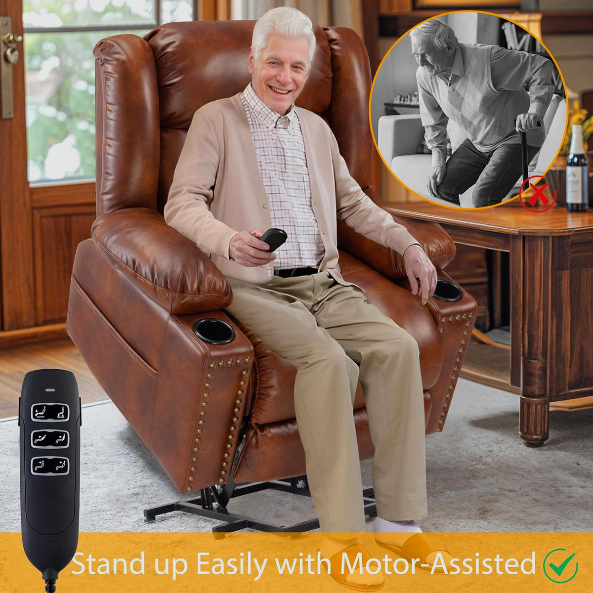 Triple Motor Power Lift Recliner Chair for Elderly with Heat & Vibration Massage,Extended Footrest,USB-A & USB-C Ports,Faux Leather,Light Brown