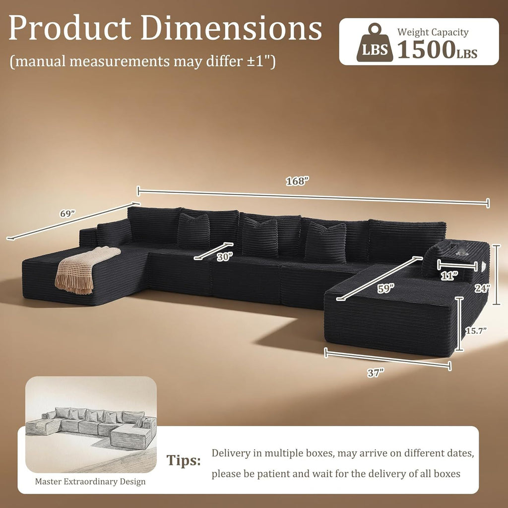 168"Modular Cloud Sectional Sofa with Chaise,Extra Deep Seat Corduroy Couch,Memory Foam,No Assembly,Living Room & Apartment,Beige