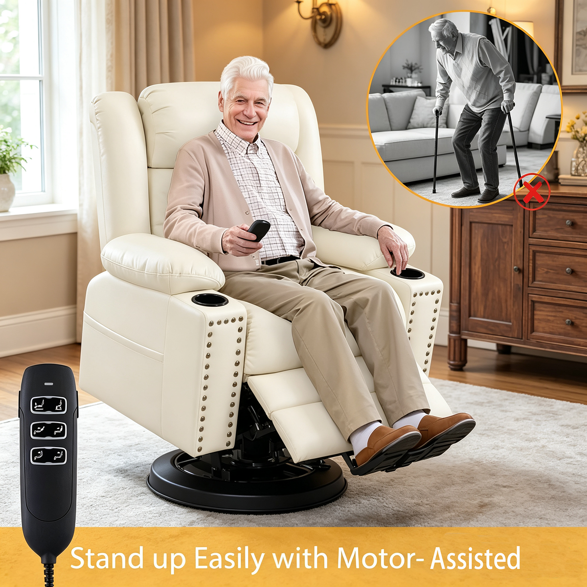 Triple Motor Power Lift Recliner Chair for Elderly with Heat & Vibration Massage,Extended Footrest,USB-A & USB-C Ports,Faux Leather,Beige