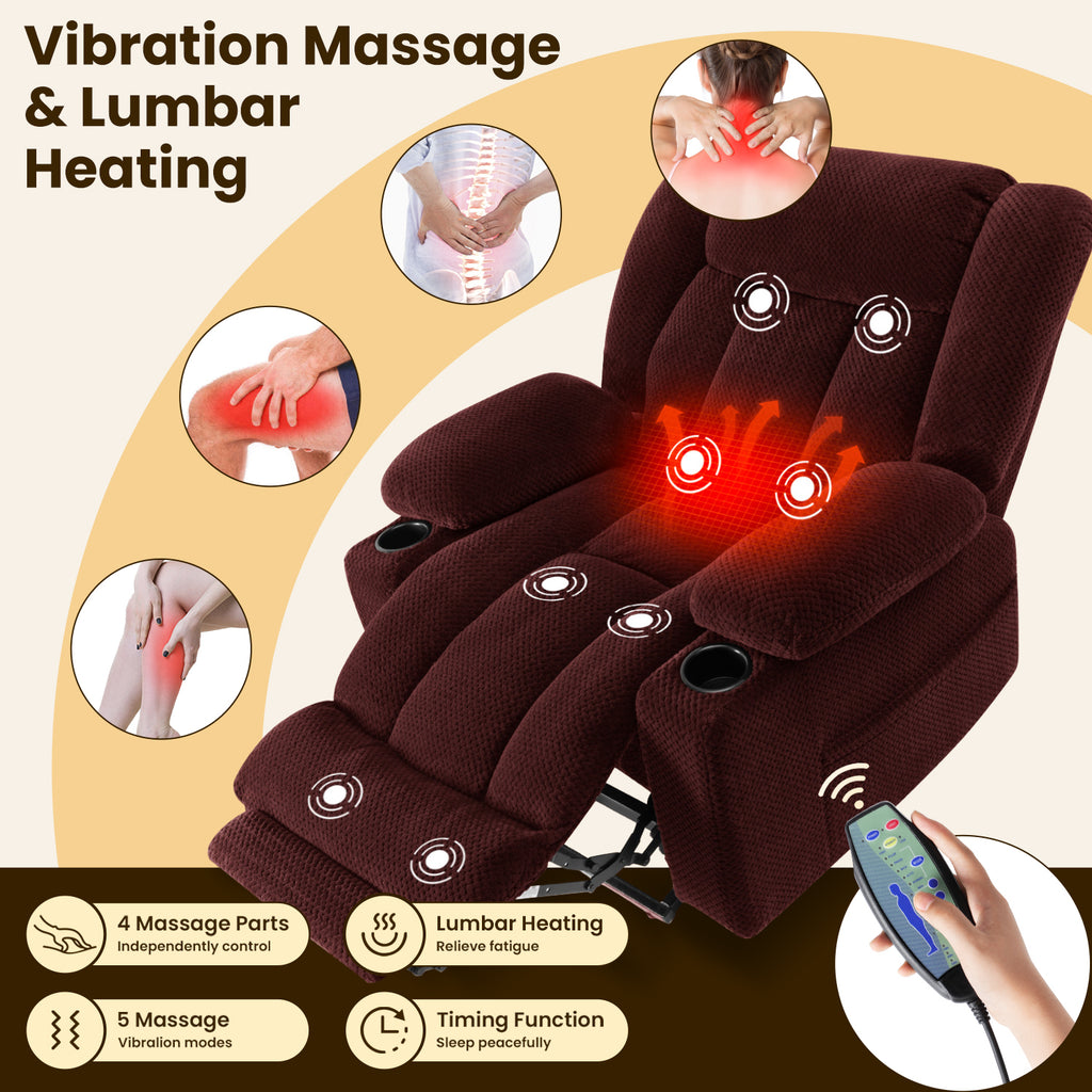 Power Lift Recliner Chair for Elderly with Heat & Massage, Large Wide Heavy Duty Electric Lift Chair with Extended Footrest, Plush Flannel Recliner with Cup Holders and Side Pockets, Red