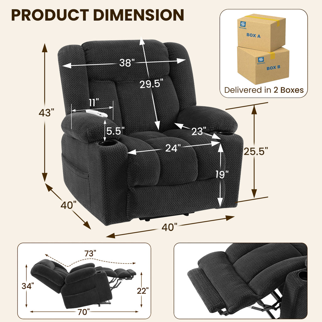 Power Lift Recliner Chair for Elderly with Heat and Massage, Large Wide Electric Lift Chair with Extended Footrest, Plush Flannel Recliner with 2 Cup Holders and Side Pockets, Gray