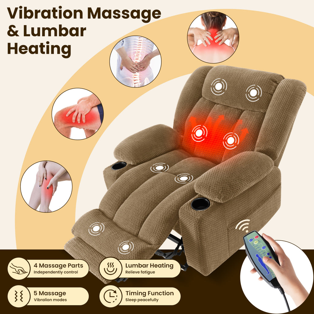 Power Lift Recliner Chair for Elderly with Heating & Vibration Massage, Large Wide Heavy Duty Extended Footrest for Big & Tall, 2 Cup Holders & Side Pockets Plush Flannel