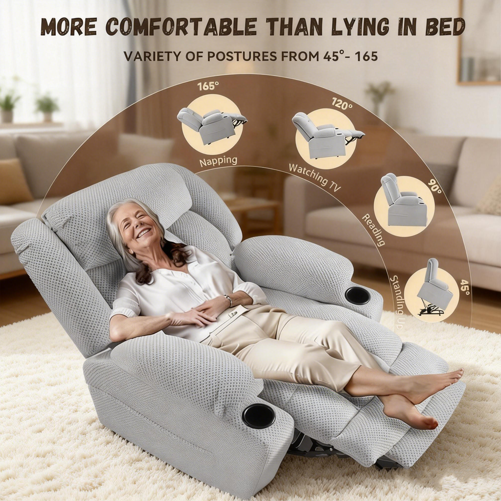 Power Lift Recliner Chair for Elderly with Heat and Vibration Massage, Large Wide Electric Lift Chair with Extended Footrest, Plush Flannel Recliner with 2 Cup Holders and Side Pockets, Light Grey
