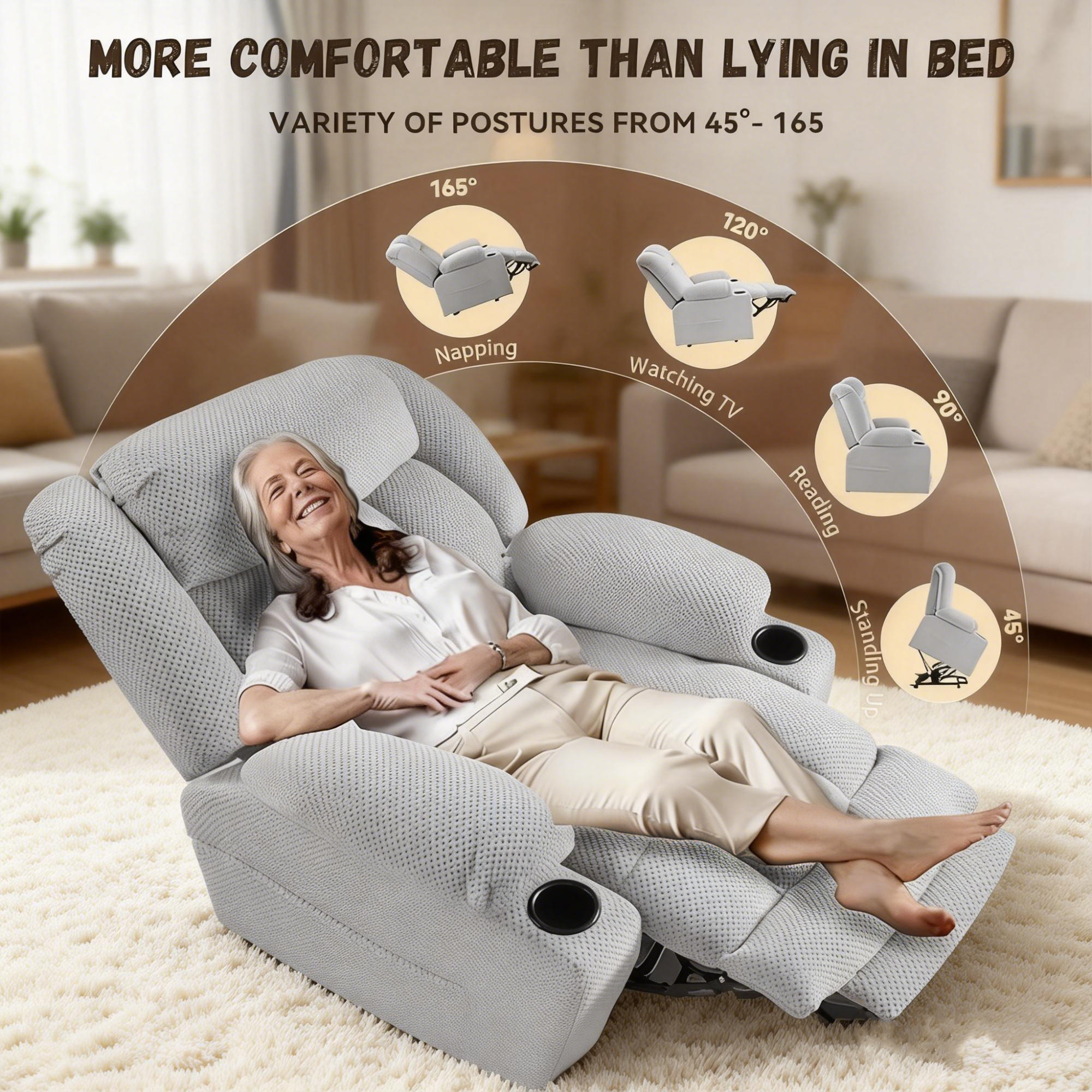 Power Lift Recliner Chair for Elderly with Heat and Vibration Massage, Large Wide Electric Lift Chair with Extended Footrest, Plush Flannel Recliner with 2 Cup Holders and Side Pockets, Light Grey