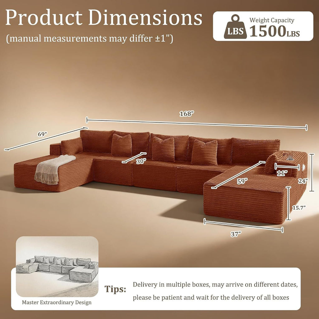 168"Modular Cloud Sectional Sofa with Chaise,Extra Deep Seat Corduroy Couch,Memory Foam,No Assembly,Living Room & Apartment,Orange