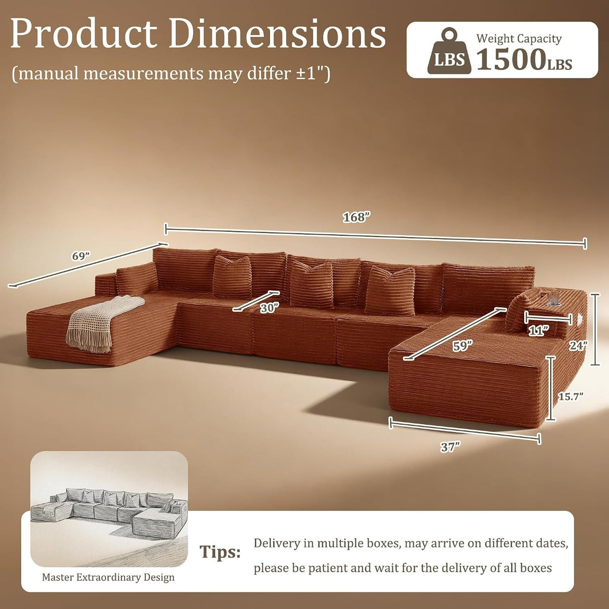 168"Modular Cloud Sectional Sofa with Chaise,Extra Deep Seat Corduroy Couch,Memory Foam,No Assembly,Living Room & Apartment,Orange