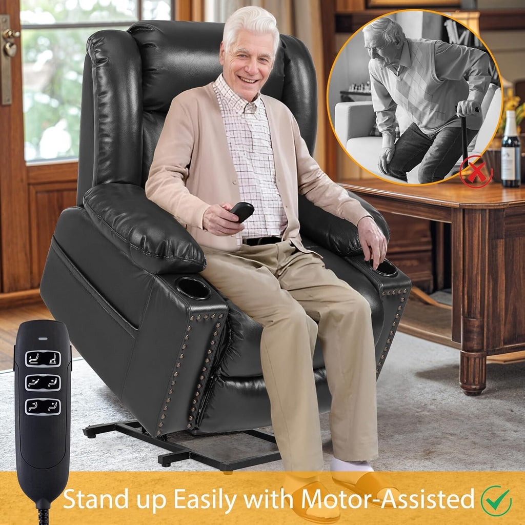 Triple Motor Power Lift Recliner Chair for Elderly with Heat & Vibration Massage,Extended Footrest,USB-A & USB-C Ports,Faux Leather,Black