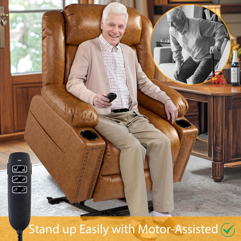 Triple Motor Power Lift Recliner Chair for Elderly with Heat & Vibration Massage,Extended Footrest,USB-A & USB-C Ports,Faux Leather,Caramel