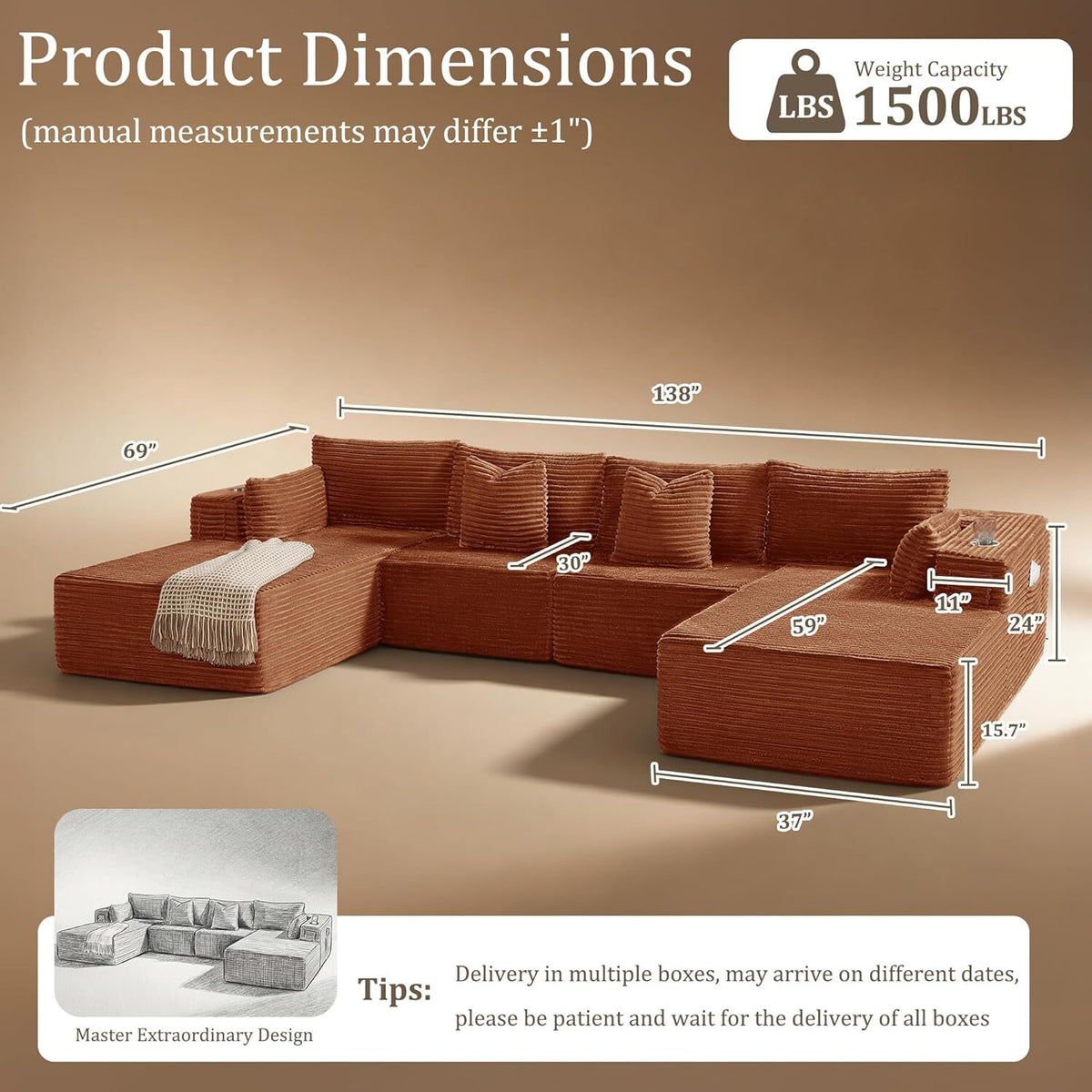 138"Modular Cloud Sectional Sofa with Chaise,Extra Deep Seat Corduroy Couch,Memory Foam,No Assembly,Living Room & Apartment,Orange