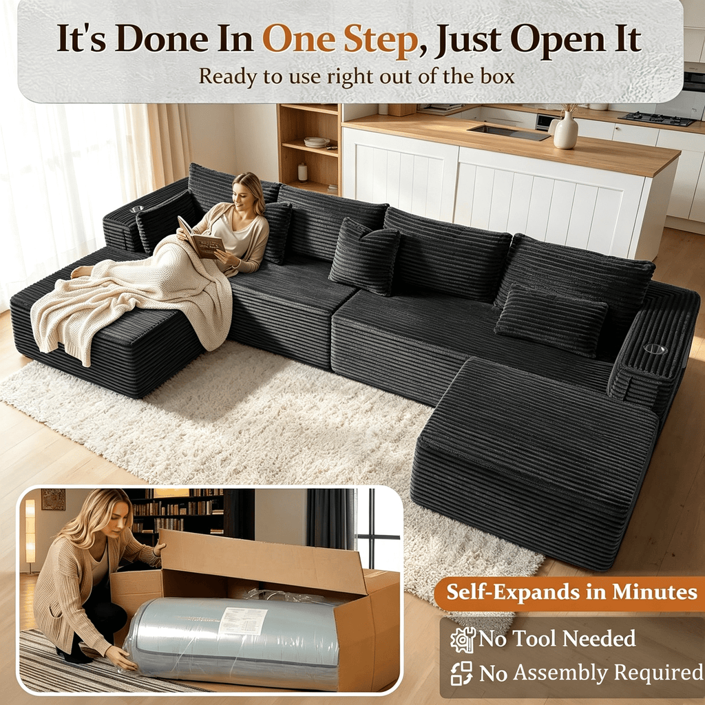 108"Modular Cloud Sectional Sofa with Chaise,Extra Deep Seat Corduroy Couch,Memory Foam,No Assembly,Living Room & Apartment,Dark Gray