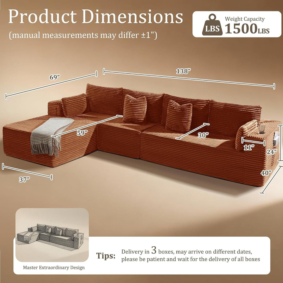 138"Modular Cloud Sectional Sofa with Chaise,Extra Deep Seat Corduroy Couch,Memory Foam,No Assembly,Living Room & Apartment,Orange