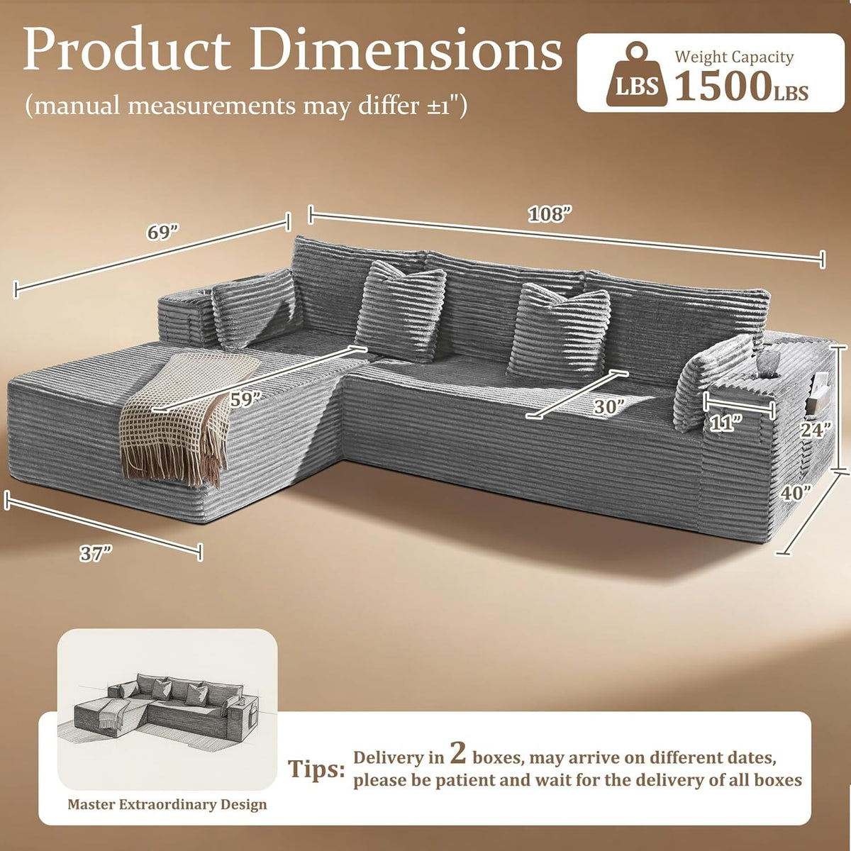 108"Modular Cloud Sectional Sofa with Chaise,Extra Deep Seat Corduroy Couch,Memory Foam,No Assembly,Living Room & Apartment,Light Gray