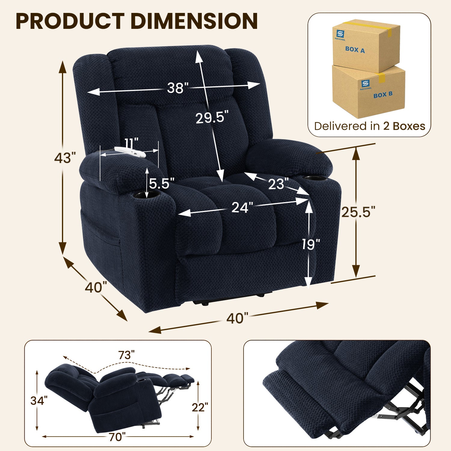 Power Lift Recliner Chair for Elderly with Heating & Vibration Massage, Large Wide Heavy Duty Extended Footrest for Big & Tall, 2 Cup Holders & Side Pockets Plush Flannel,Blue