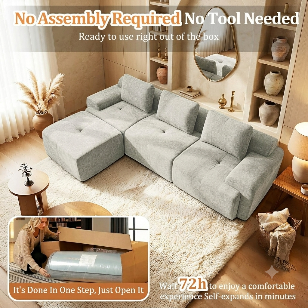 122" Modular Sectional Sofa,Cloud Couch with Extra Deep Seat & High Back,No Assembly,Soft Chenille Fabric,Memory Foam Couch for Living Room ,U shaped(3+2),Light Gray