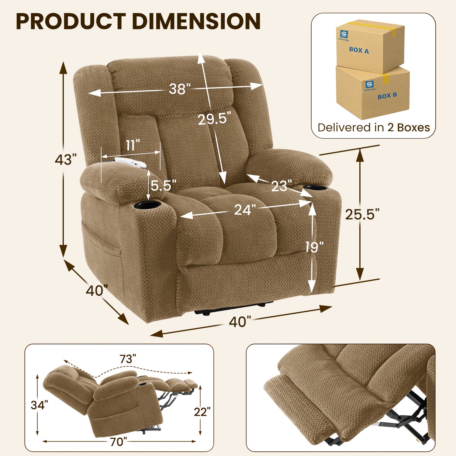 Power Lift Recliner Chair for Elderly with Heating & Vibration Massage, Large Wide Heavy Duty Extended Footrest for Big & Tall, 2 Cup Holders & Side Pockets Plush Flannel