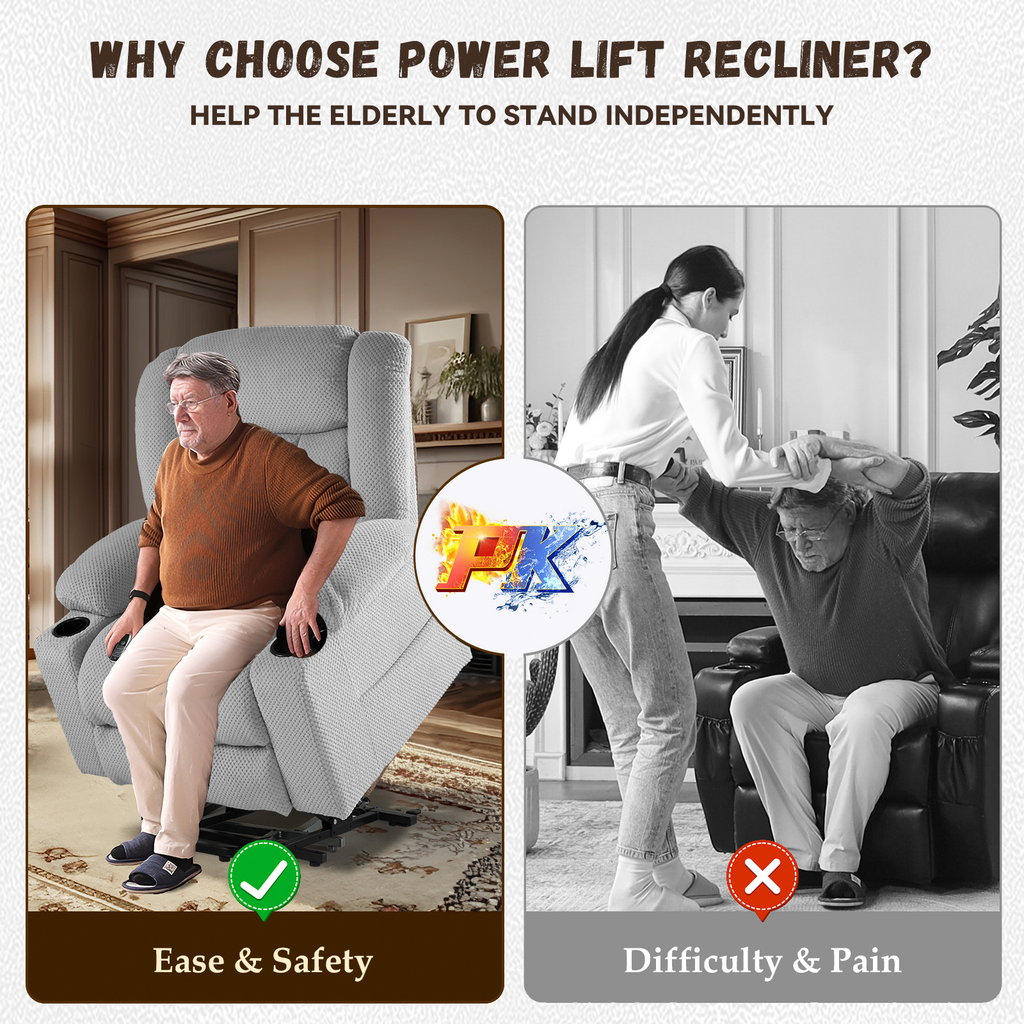 Power Lift Recliner Chair for Elderly with Heat and Vibration Massage, Large Wide Electric Lift Chair with Extended Footrest, Plush Flannel Recliner with 2 Cup Holders and Side Pockets, Light Grey